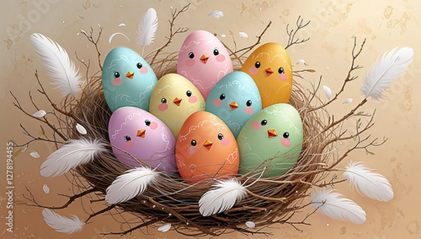 Obraz Colorful easter eggs with chick faces resting in a nest decorated with feathers and twigs