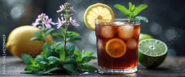 Fototapeta Glass of iced tea with lemon slice and mint leaves surrounded by lemons and limes on wooden surface with blurred background
