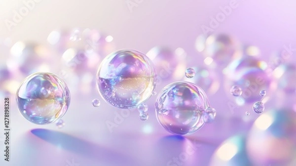 Fototapeta Elegant pearl surface with prismatic light dispersion, floating rainbow fragments, smooth holographic gradient, ethereal light beam overlay, delicate iridescent texture, premium abstract design,