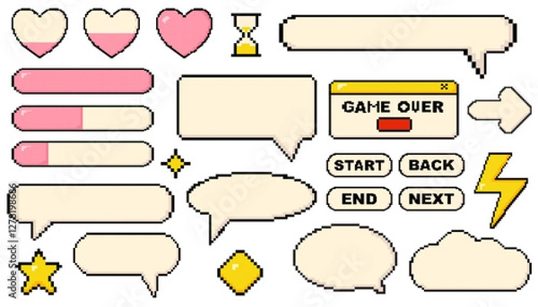Fototapeta Pixels elements for game vector set. Pixel dialogue boxes, hearts, chat speech bubbles, flash message frames with text or empty dialog communication box in 8 bit retro style. Pixelated arrow, heart