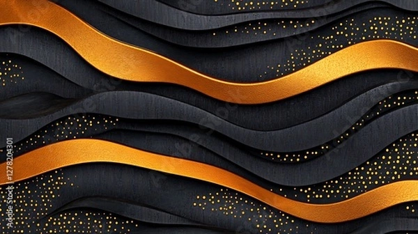 Obraz Abstract Black and Gold Wavy Design with Dots