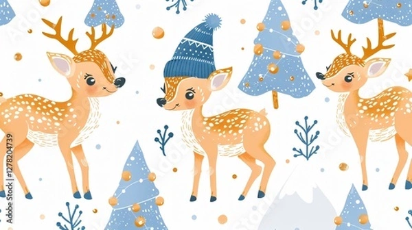Obraz Vector Seamless Pattern with Cute Deer in Blue Nightcap