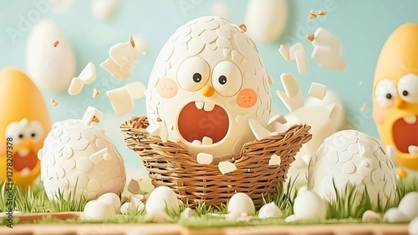 Fototapeta an egg character hatching out of a wicker basket with other egg characters in the background.