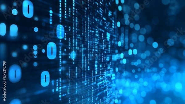 Fototapeta Glowing Blue Digital Data Matrix Abstract Background with Flowing Binary Codes and Information Technology Elements