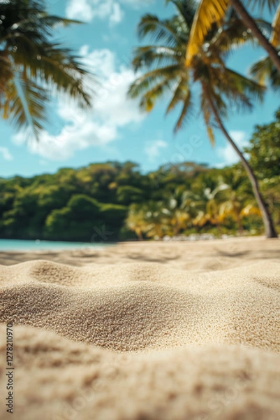 Obraz Low angle view of tropical exotic sandy beach close up with palms and seascape view. Summer holiday concept and travel background.