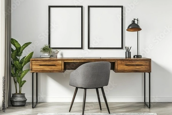 Fototapeta Modern Home Office Desk Setup With Framed Artwork