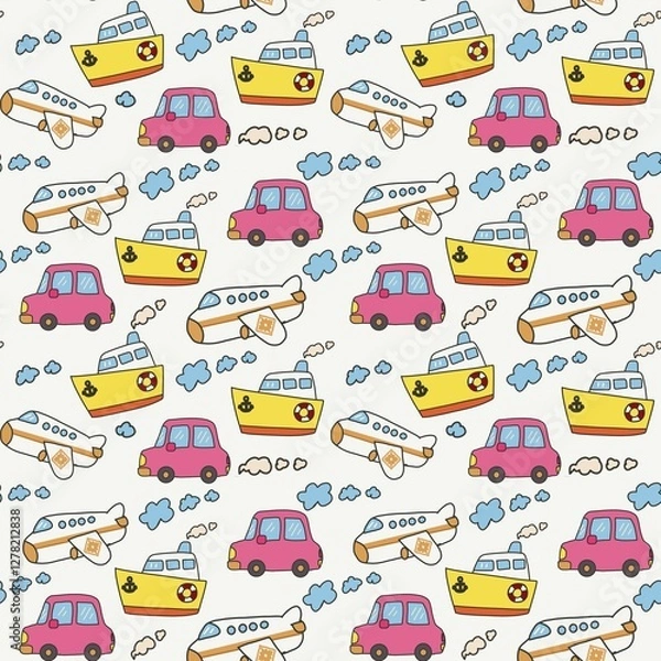 Fototapeta Cute vehicle cartoon seamless pattern