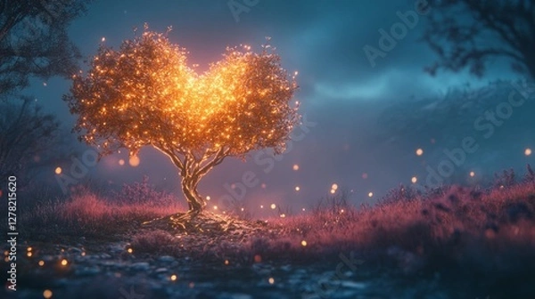 Fototapeta Glowing Heart-Shaped Tree in a Magical Forest at Night