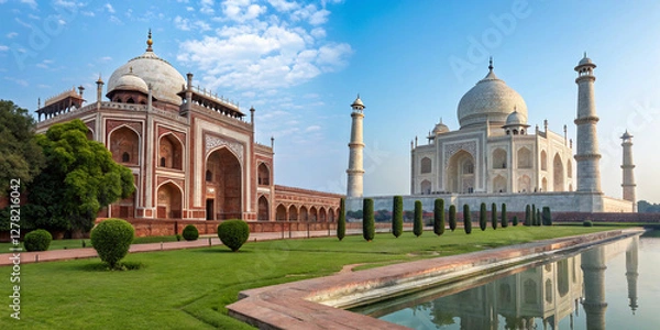 Fototapeta One of Punjab, Pakistan’s most breathtaking historical sites, showcasing Mughal artistry with pristine white domes and elegant archways