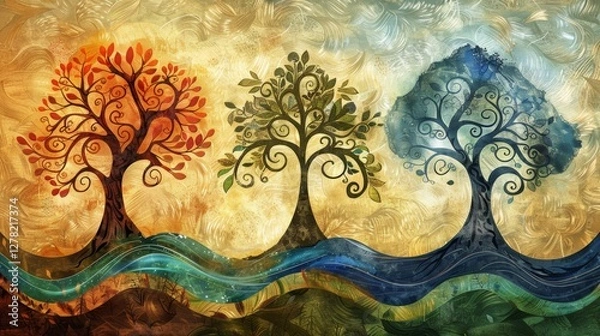 Fototapeta Seasonal trees on wavy ground, abstract art background