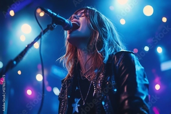 Fototapeta Singer performs passionately on stage at a vibrant concert during the nighttime in an energetic setting