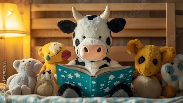 Fototapeta Stuffed cow reading a bedtime story to a group of plush toys