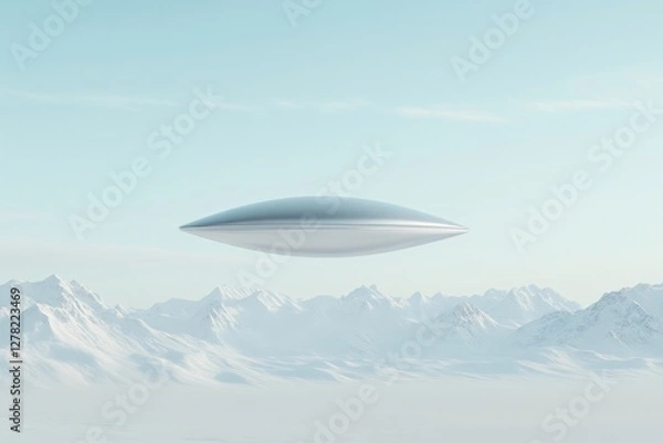 Fototapeta Sleek, futuristic craft hovers silently above snow-covered mount