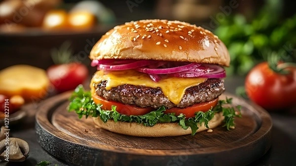 Obraz Juicy cheeseburger on wooden board with lettuce, tomato, red onion, and melted cheese.