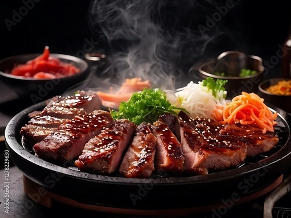 Obraz Steaming Plate of Glazed Meat with Asian Sides