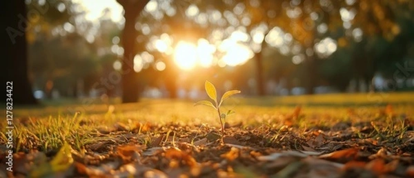Fototapeta Tender sprout reaching for sunlight in golden hour park scene symbolizing growth and hope in nature's embrace with blurred background and low angle view
