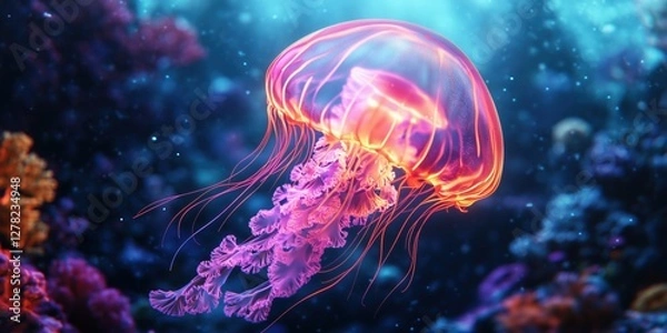 Fototapeta Stunning jellyfish gracefully swimming in vibrant underwater scene with colorful corals