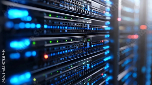 Fototapeta High tech computer server with glowing lights and data storage