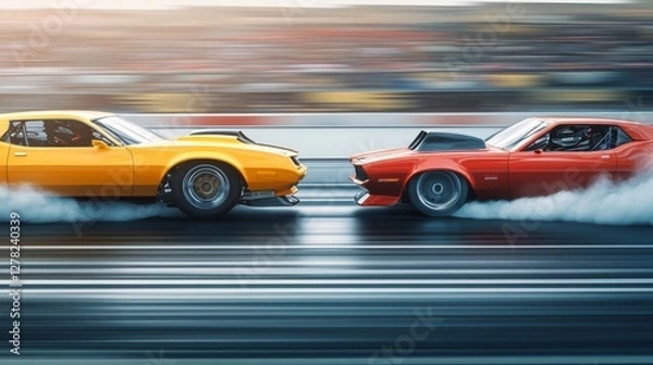 Fototapeta Drag racing car racing against another vehicle at full speed. Featuring competition and power