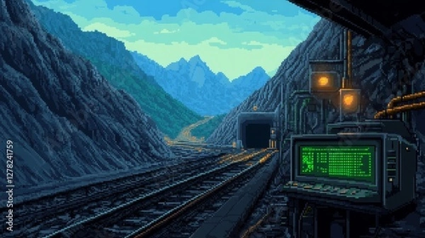 Fototapeta A pixel art scene depicting a train tunnel surrounded by mountains with a control panel nearby