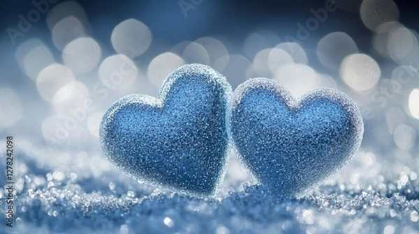 Fototapeta Two sparkling blue hearts in winter snow