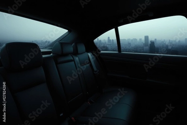Fototapeta Dark interior of car reveals hazy city skyline through window