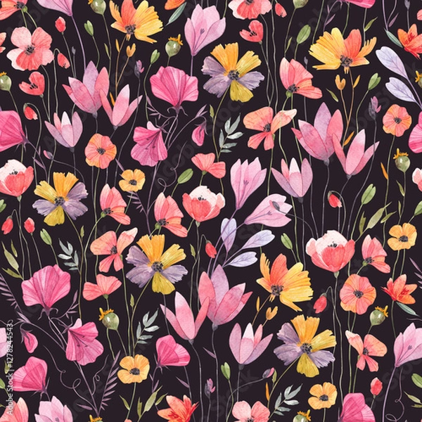 Fototapeta Botanical seamless pattern with abstract wildflowers on a dark background. Isolated watercolor illustration for floral textile, background, design wallpaper, fabric or wrapping paper.