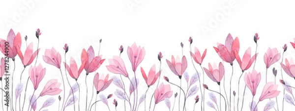 Fototapeta Floral seamless border with delicate abstract flowers. Isolated watercolor illustration for cover, background, invitation or greeting cards, decorative pattern.