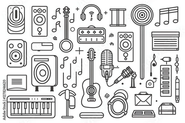 Fototapeta Music studio equipment and musical instruments line art icons.