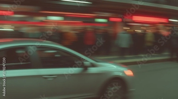 Fototapeta City streets illuminated by neon lights, capturing motion of pas
