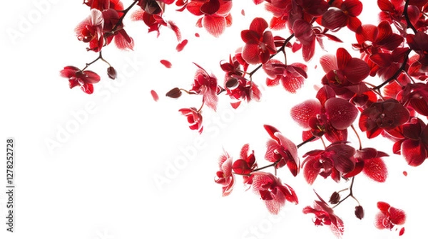 Fototapeta Floating Red Orchid Flowers with Petals on Transparent Background, Elegant Floral Design