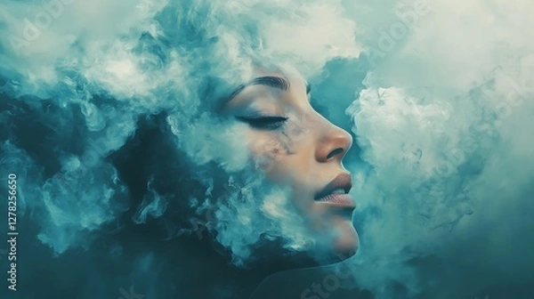 Obraz Woman's face partially obscured by ethereal blue smoke or clouds.