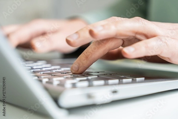 Fototapeta Hands typing on a laptop keyboard, close-up of finger pressing key