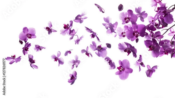 Fototapeta Floating Purple Orchid Flowers on Transparent Background, Elegant Floral Composition