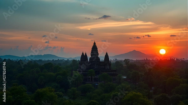 Fototapeta Sunset Over an Ancient Temple Surrounded by Jungle
