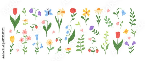 Fototapeta Set of spring and summer hand drawn flowers. Floral elements, wildflower, leaves and herb, plants, foliage on white background. Collection spring blossom icons. Vector flat illustration.