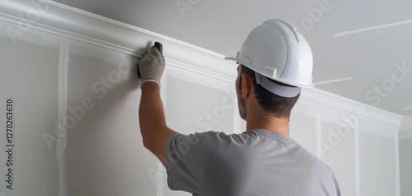 Obraz Worker painting wall trim indoors with protective gear and helmet.