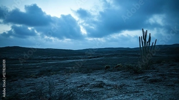 Fototapeta Dusk in arid landscape, single cactus.