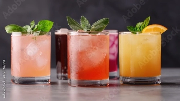 Fototapeta A vibrant display of colorful cocktails garnished with fresh mint, showcasing a variety of refreshing drinks in clear glasses.