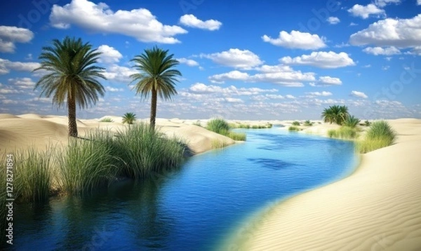 Fototapeta Serene desert oasis with palm trees and a winding river under a bright blue sky