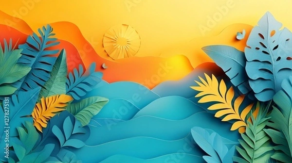 Fototapeta papercut style abstract summer concept, showcasing vibrant patterns and a fresh, sun-filled design.