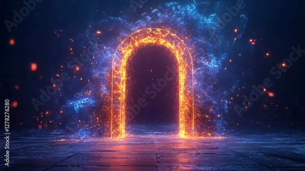 Fototapeta Futuristic open door with digital technology neon light pattern on wall. Realistic 3d vector illustration of portal to tech future with opportunities. Abstract metaverse teleport gate with glow effect