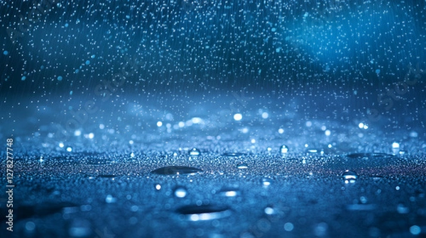 Fototapeta Raindrops on the Pavement: A close-up shot captures a multitude of raindrops cascading onto a wet surface, creating a mesmerizing display of reflections and textures.