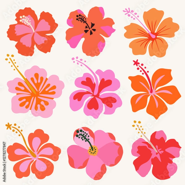 Obraz Collection of summer colorful flower elements vector. Set of hibiscus flowers on white background. Hand drawn tropical floral vector for decor, poster, sticker, clipart, print and pattern.