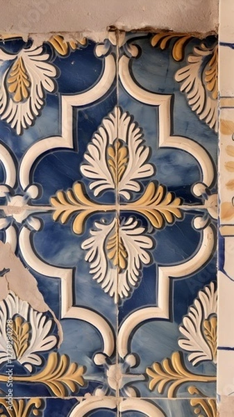 Fototapeta Vintage encaustic tile floor with intricate, time-worn patterns in earthy tones, featuring floral, leaf, and geometric motifs in a rustic room with high arches, lanterns, and plants.