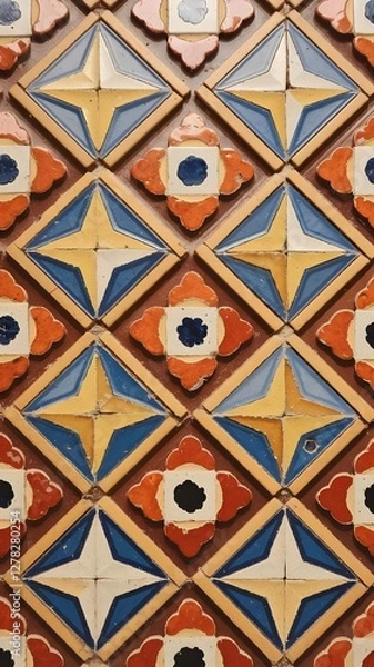 Fototapeta Vintage encaustic tile floor with intricate, time-worn patterns in earthy tones, featuring floral, leaf, and geometric motifs in a rustic room with high arches, lanterns, and plants.