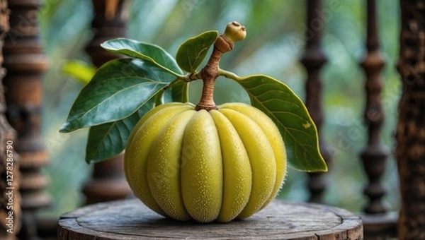 Fototapeta Annona Glabra Fruit on a Wooden Surface Surrounded by Greenery and Leaves Showcasing its Unique Shape and Vibrant Coloration