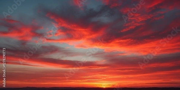 Fototapeta Vibrant Orange Red Sunset Sky With Dramatic Cloud Patterns And Blank Space For Text Or Graphics In Horizontal Orientation