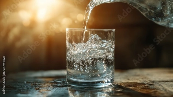 Obraz A glass filling with sparkling water, illuminated by warm sunlight, creating a refreshing and inviting scene.