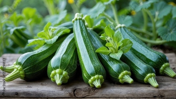 Fototapeta Freshly Harvested Green Zucchini with Foliage on Rustic Wooden Surface Surrounded by Lush Garden Background Ideal for Summer Recipes